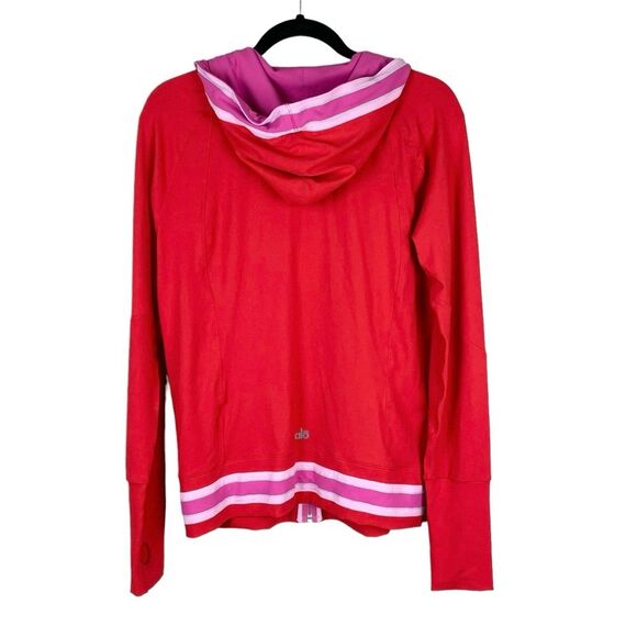 Alo Yoga Womens Red Hooded Jacket M Pink Stripe Trim Athletic Full Zip Athletic - Picture 2 of 10